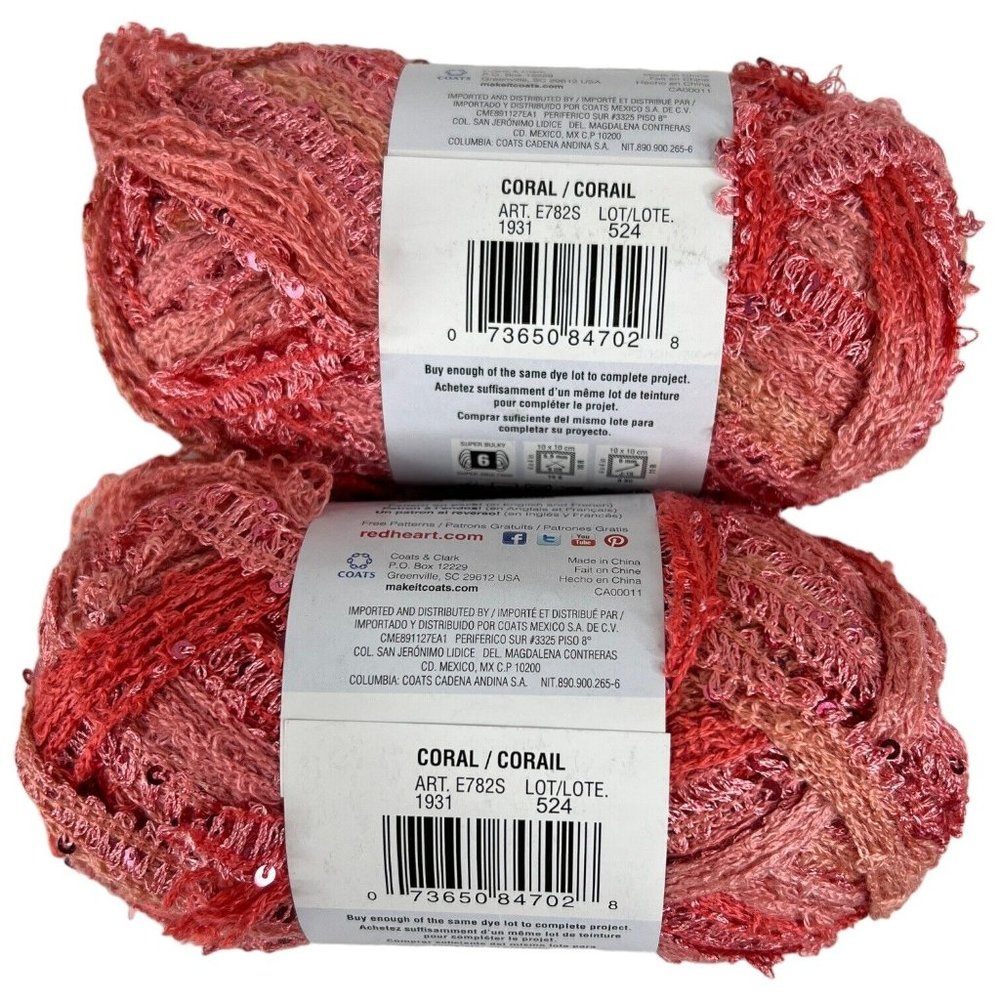 2 Red Heart Boutique Sashay Sequin Yarn CORAL 3.5 OZ Skeins Ball New 1931 - Picture 3 of 4